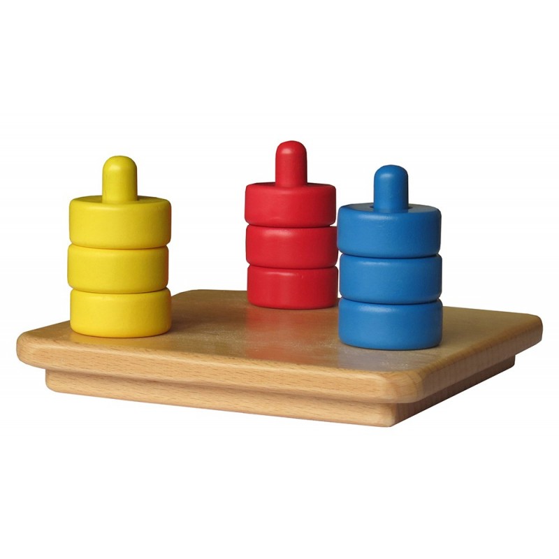 colored discs on vertical dowel