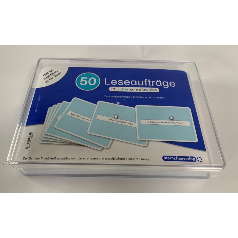 50 Leseaufträge in der Box in Silbenschreibweise