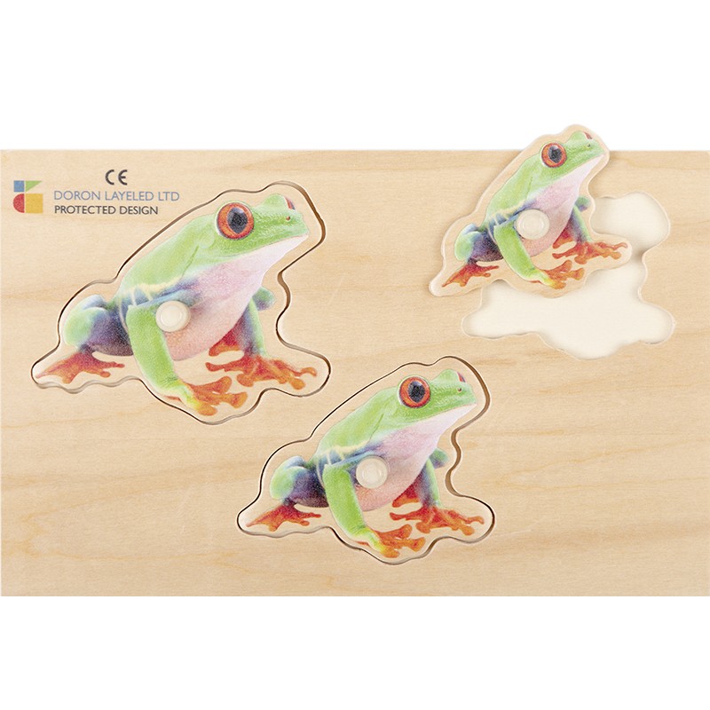 Realistické drevené puzzle veľkosť a hĺbka 3 kusy (žaby, zajace, mačky)