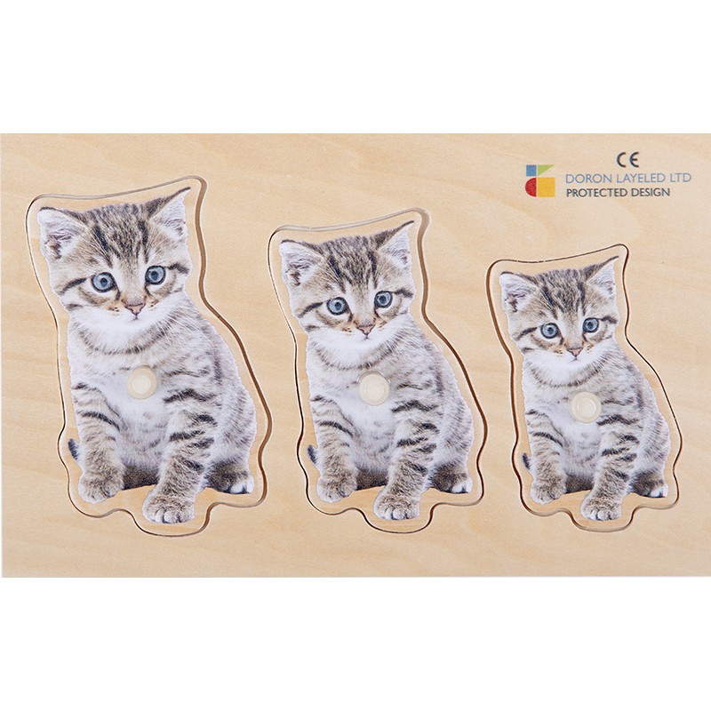 Wooden puzzle realistic size & depth 3-piece set (frogs, rabbits, cats)