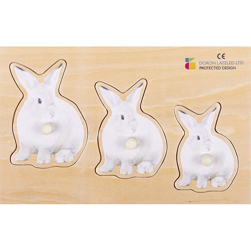 Wooden puzzle realistic size & depth 3-piece set (frogs, rabbits, cats)