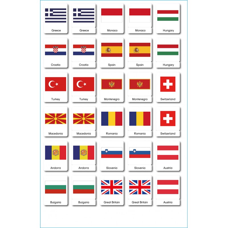 Europe flags - 3 parts classification cards - English