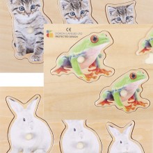 Realistické drevené puzzle veľkosť a hĺbka 3 kusy (žaby, zajace, mačky)